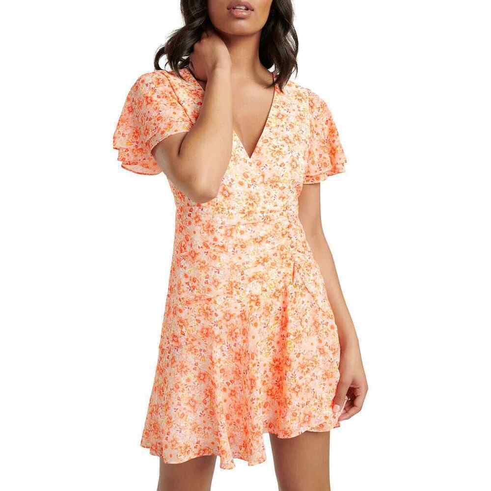 Ever New Joanna Ruched Mini Dress In Floral Apricot Harvest Orange Size 6 - Picture 2 of 5